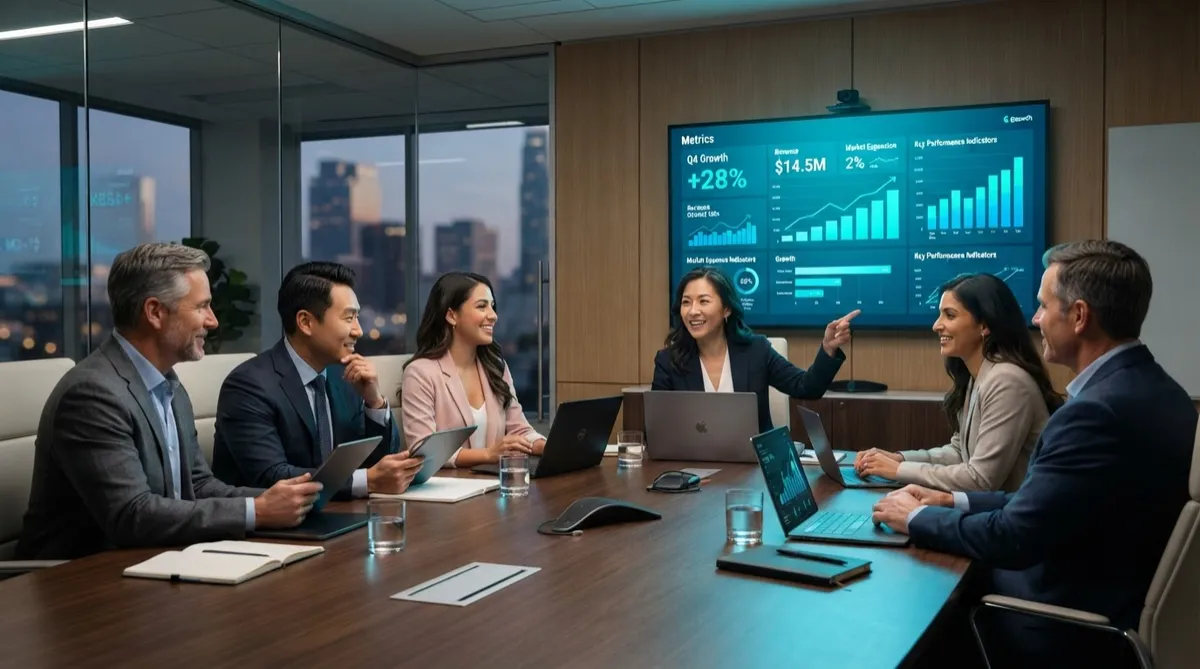 Executive leadership team analyzing business growth performance metrics and revenue roadmap