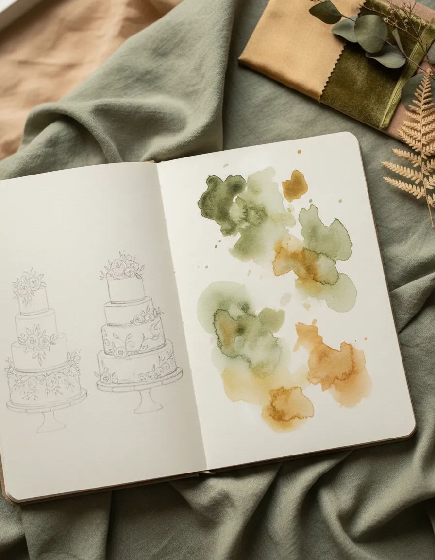 Artist's sketchbook showing wedding cake design ideas and mood board details