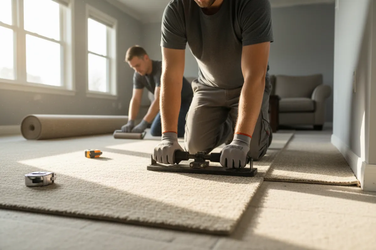 carpet installation in progress with installer fitting edge