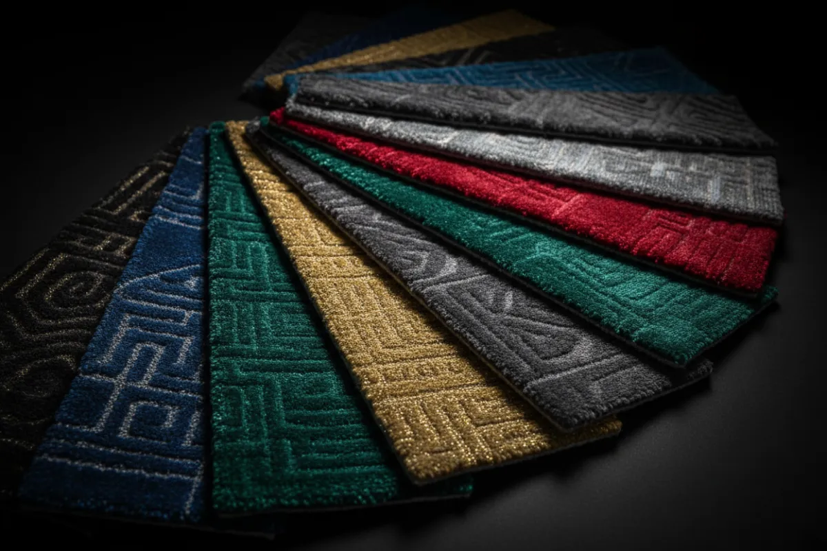 luxury premium carpet samples in a modern high-end display