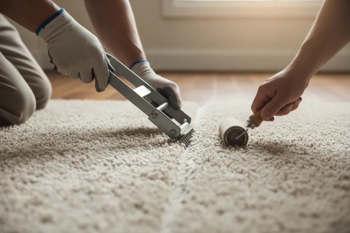 Close-up of installer’s hands and tools fitting a luxury carpet into a room