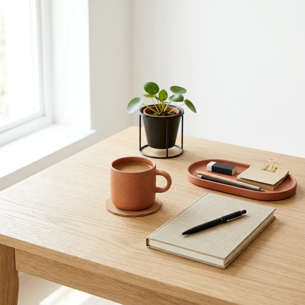 Warm minimalist workspace with natural wood architecture, soft daylight, and organized stationery