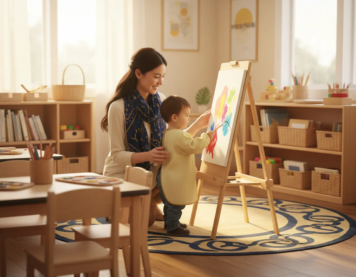Teacher guiding a child's hand while drawing at Primrose School