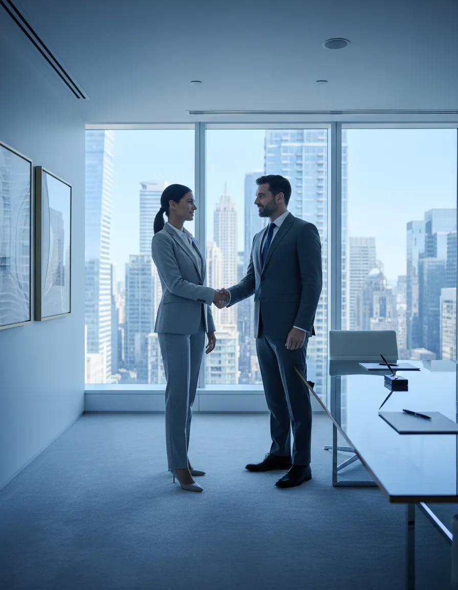 Two executives shaking hands in a high-rise office with subtle Middle Eastern and US cultural cues