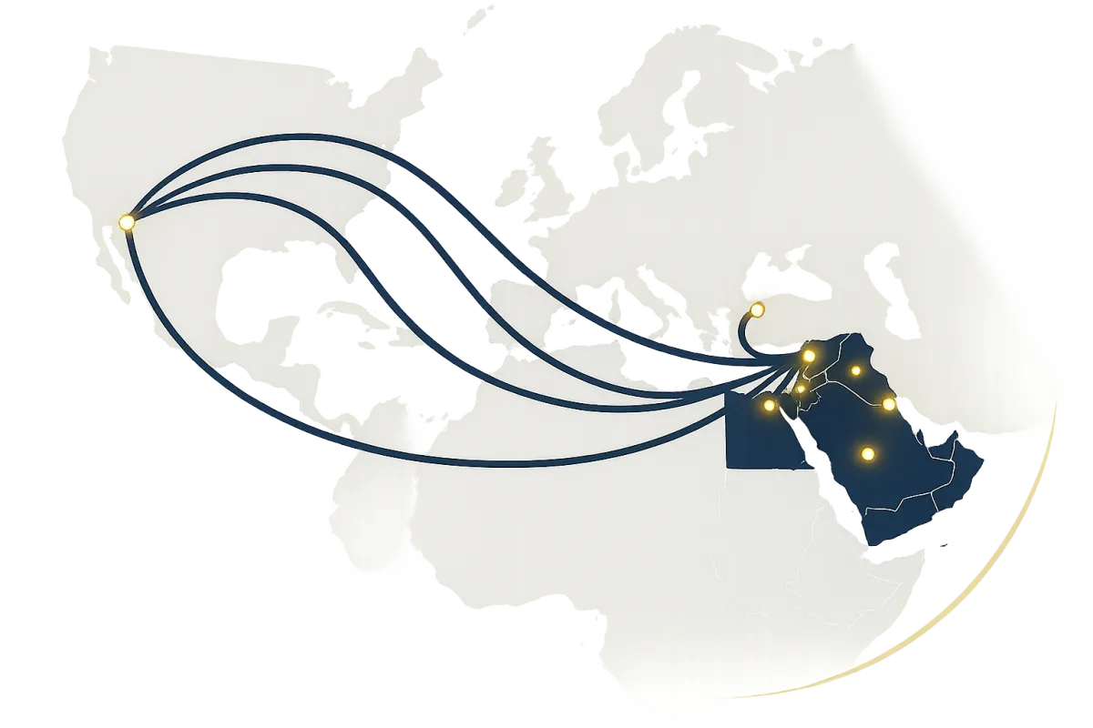 خريطة تفاعلية لمسارات التجارة تُظهر الاتصال بين الولايات المتحدة والشرق الأوسط — Interactive map showing trade routes between the United States and the Middle East