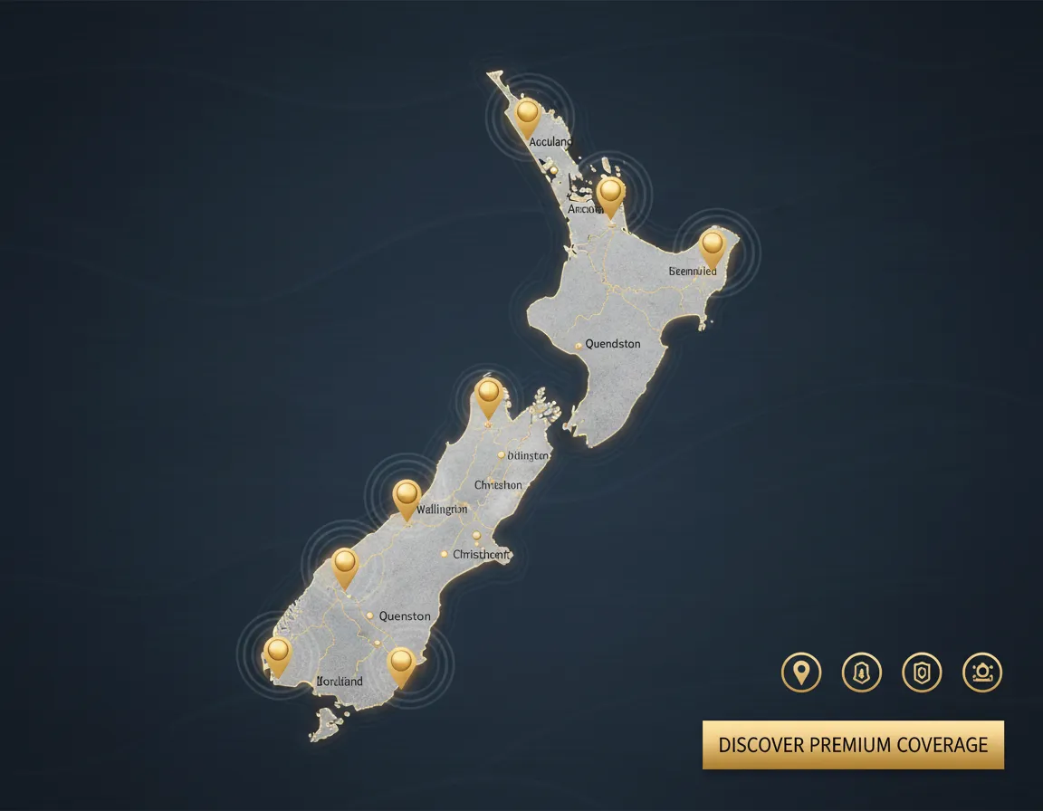 Stylized geographic map of New Zealand service area indicating nationwide premium coverage