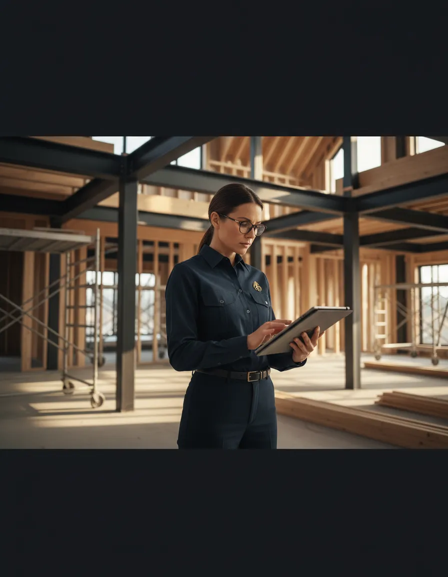 Project manager cleanly reviewing construction plans on site