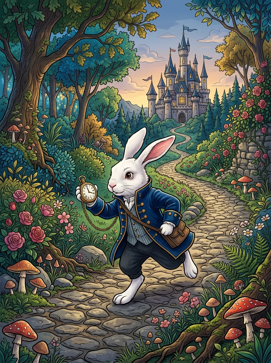 Intricate storybook illustration of a white rabbit wearing a blue coat and holding a gold pocket watch, running down a cobbled path towards a distant whimsical castle, surrounded by lush trees, roses, and mushrooms.