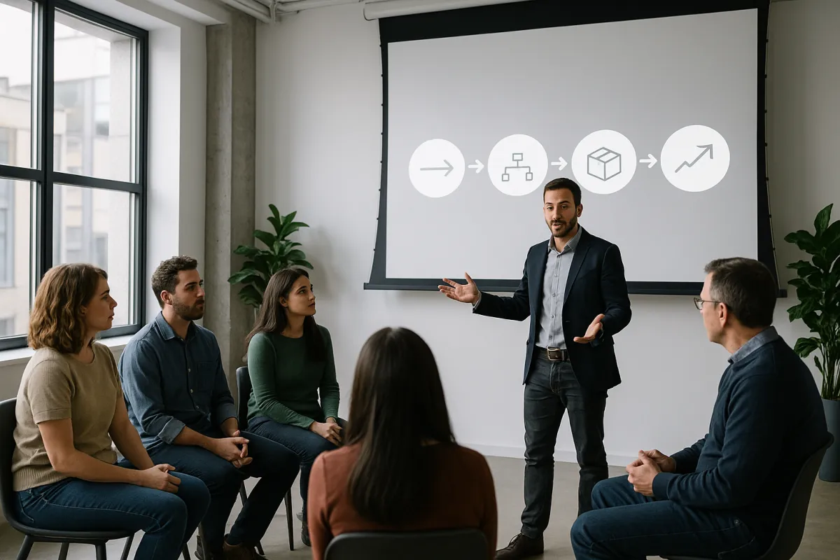 Consultant presenting to a small group with a projector screen showing delivery flow.