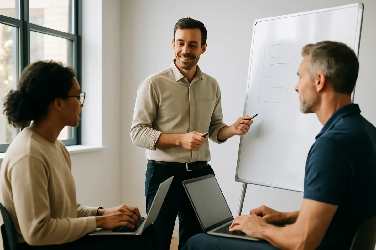 Three coaches collaborating in a bright modern workshop; one leading a whiteboard session, two taking notes on laptops.