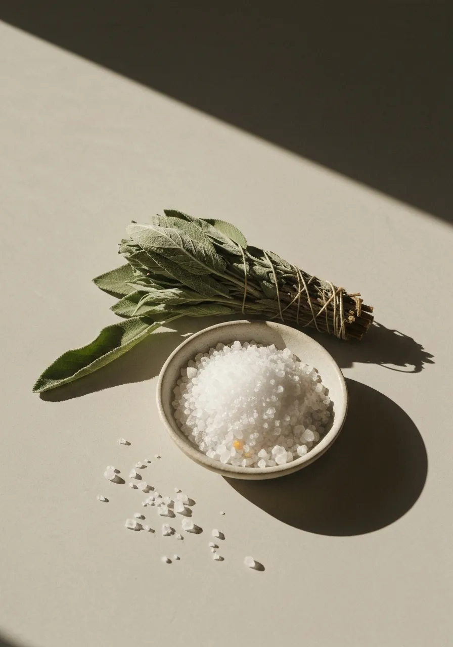 Soft natural light illuminating sage and salt on a minimalist surface