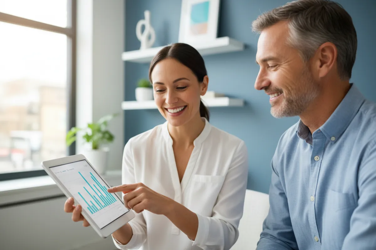 Close-up of a friendly audiologist showing a hearing test chart to a middle-aged man in a bright consultation room, both smiling and engaged. The background features soft blue tones and modern decor, highlighting a supportive, personalized approach.