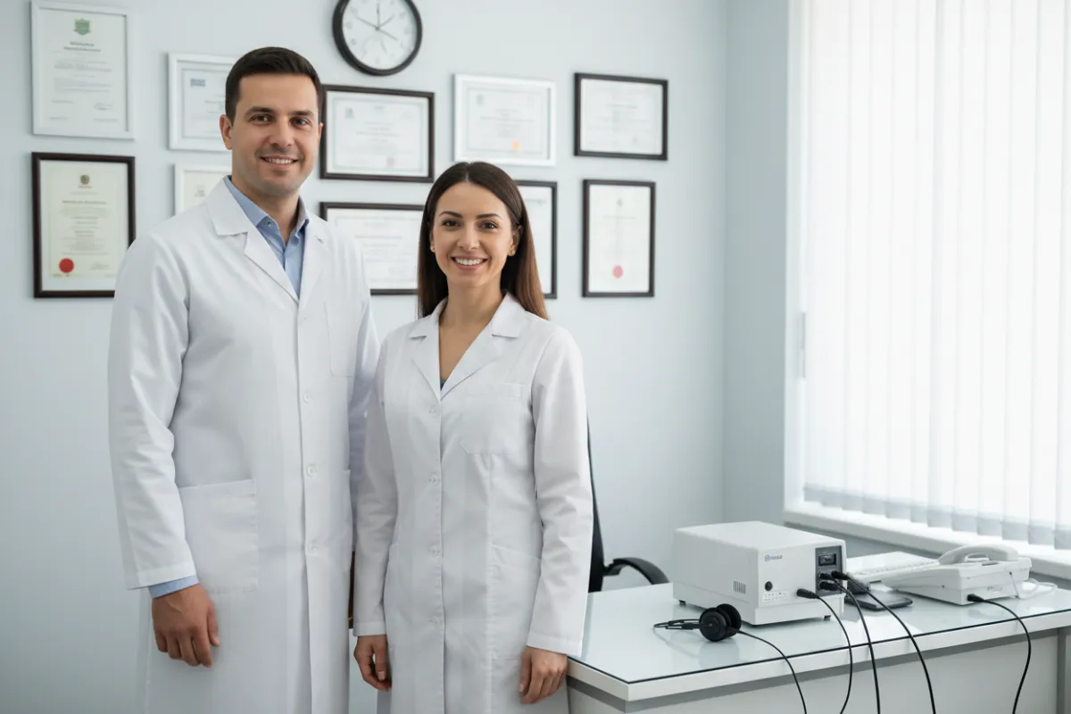 Two professional audiologists, one male and one female, both in white coats, smiling warmly in a modern clinic office with certificates on the wall and a hearing test device on the desk. The setting is bright, clean, and welcoming, emphasizing expertise and trust.