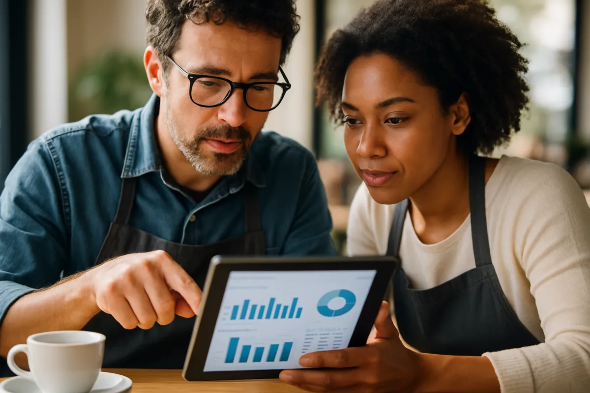 Two small-business owners reviewing a tablet with staffing data at a bright cafe table.