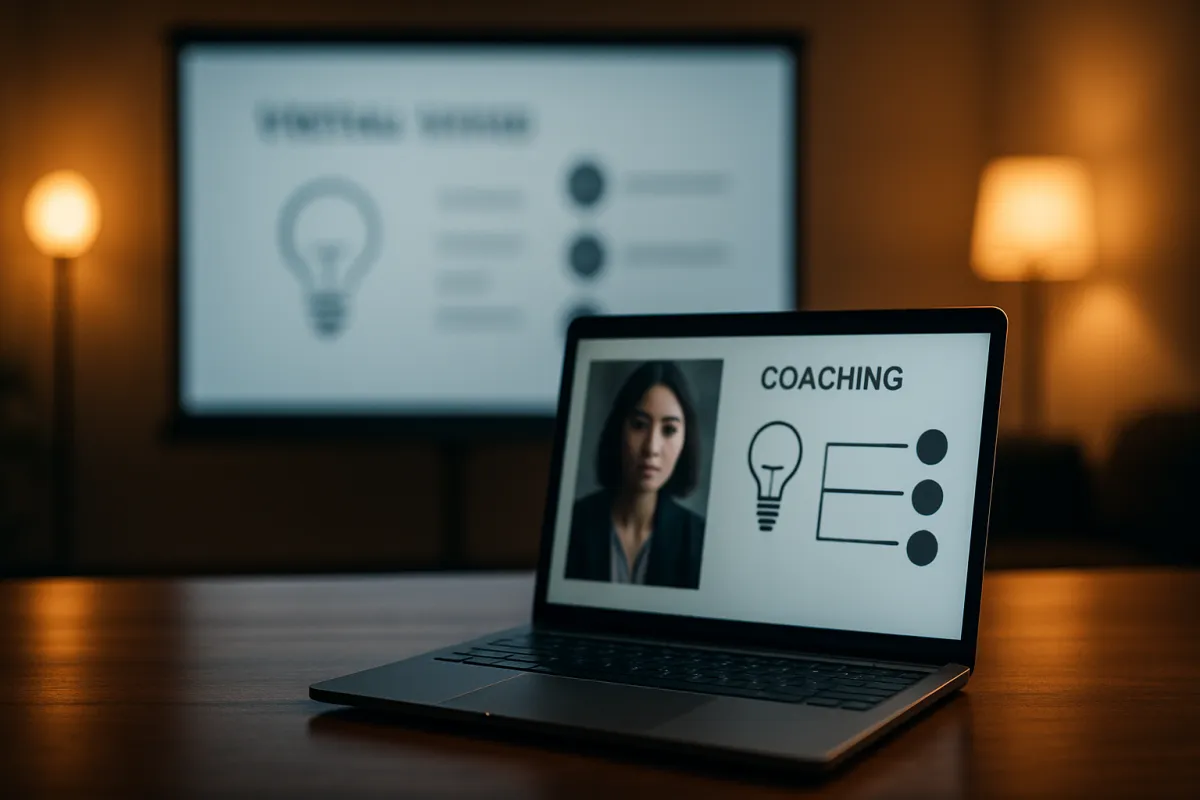 Wide landscape image of a virtual workshop scene with coaching slides and a focused laptop in the foreground.
