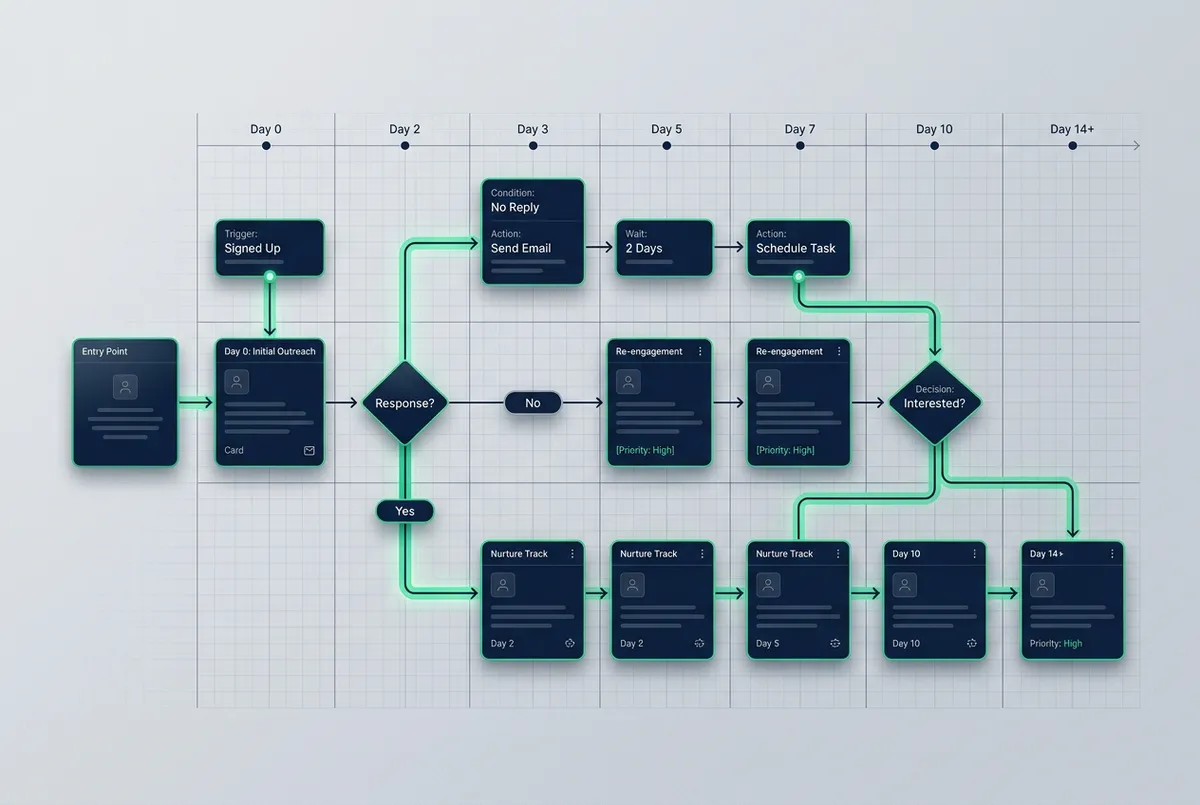Behavioral multi-channel automated follow-up tree and reactivation pipeline
