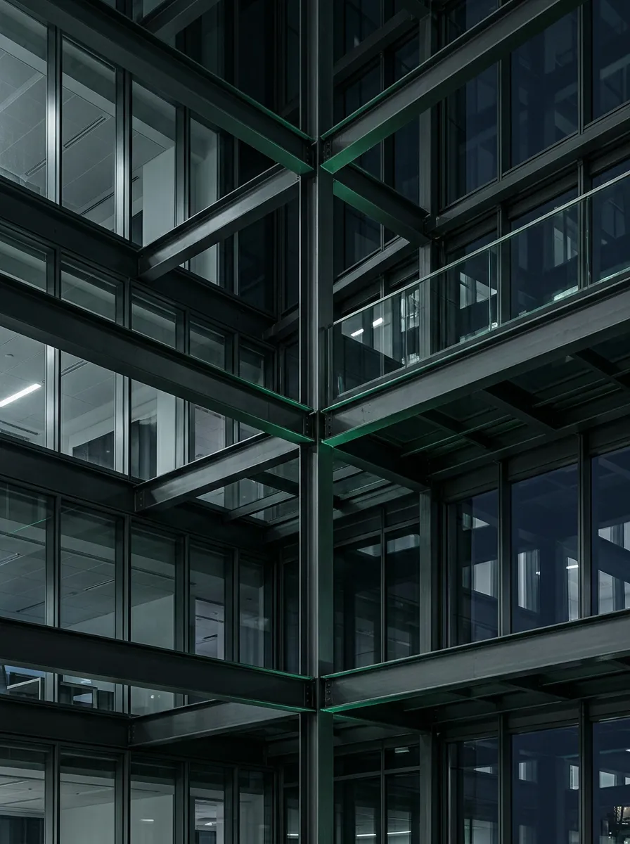 High-contrast architectural glass and steel structure reflecting precision and structural clarity