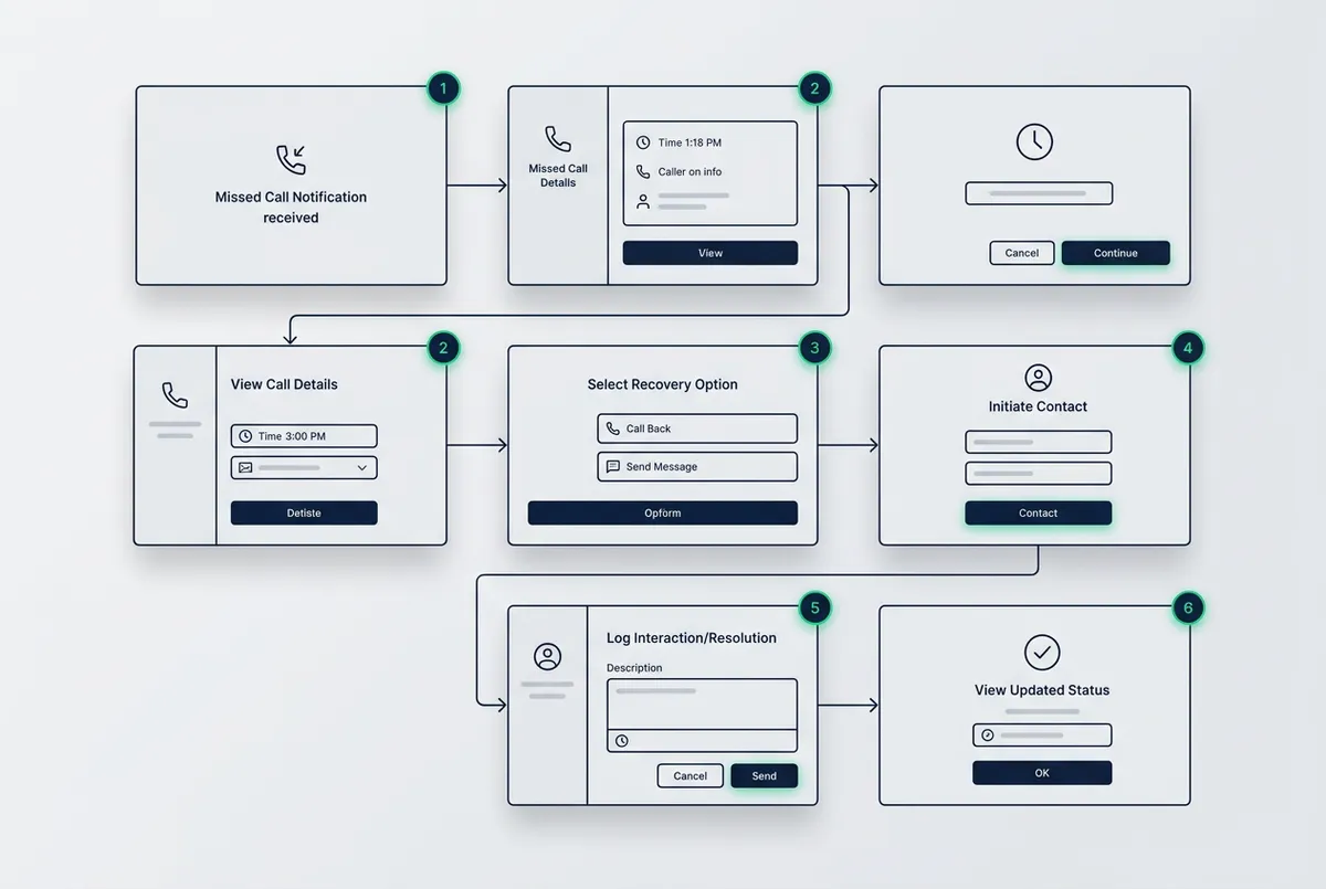 Automated missed-call textback and recovery sequence diagram interface