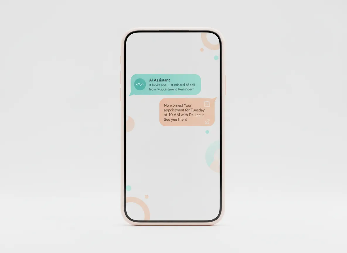 Phone mockup showing AI missed call automation conversation