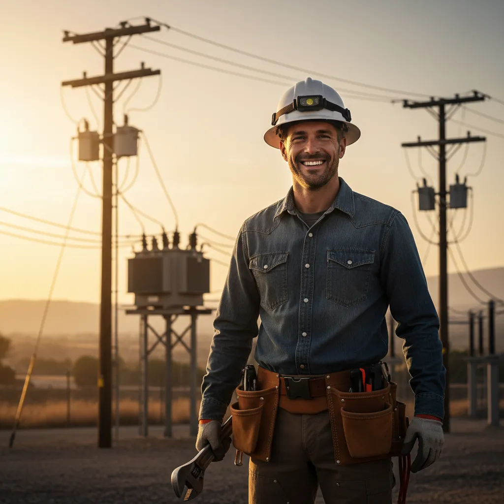 Electrician wearing work clothes and a hard hat standing in a field with electrical poles in warm daylight, shallow depth of field