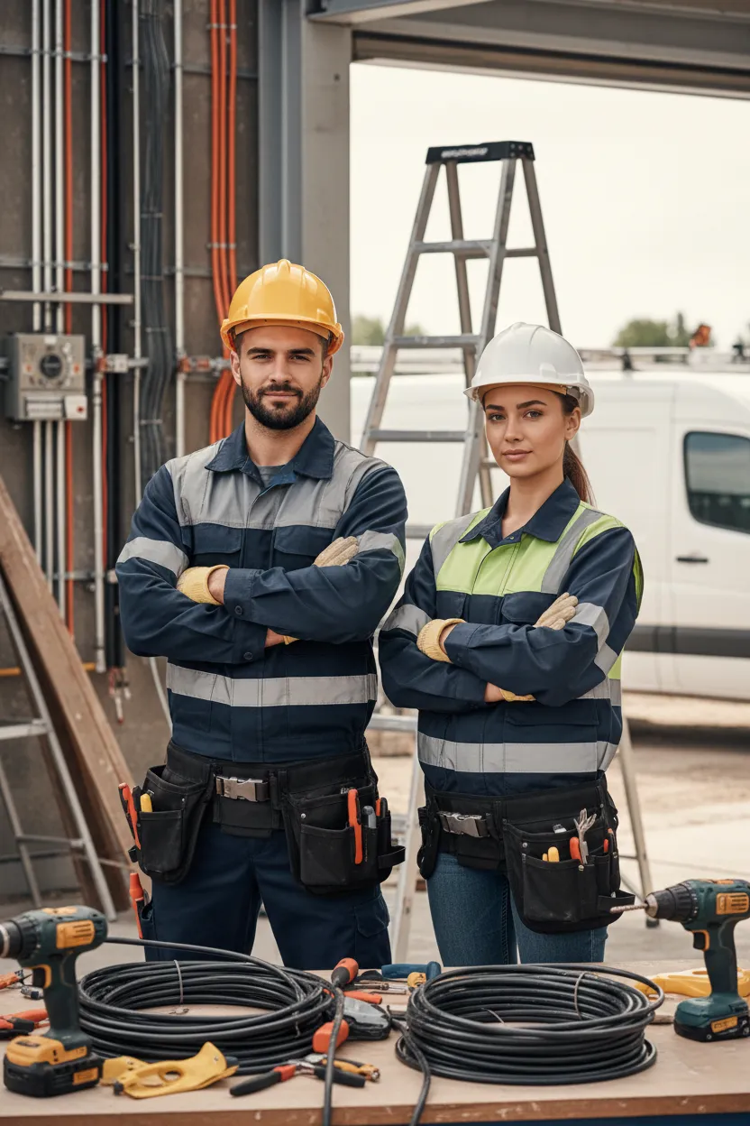 Portrait of a male and female electrician standing cross-armed at a work site.