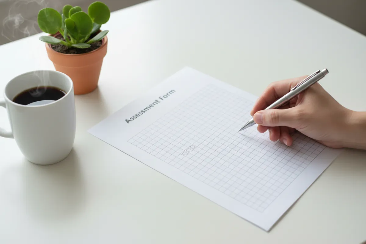 A hand holding a pen above a blank assessment form on a clean white desk, with a cup of coffee and a small plant nearby. The scene is bright, minimal, and evokes a sense of readiness and motivation to begin a new journey.