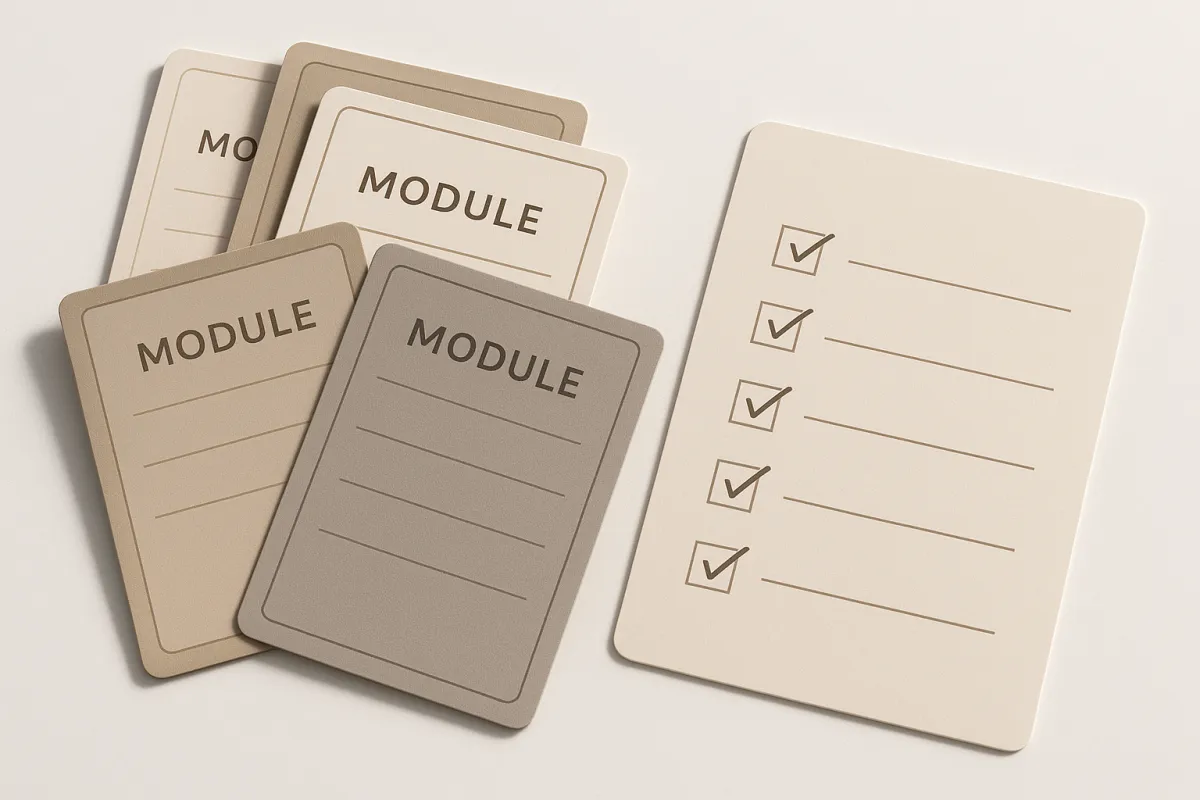 Printed module cards and checklist in neutral palette