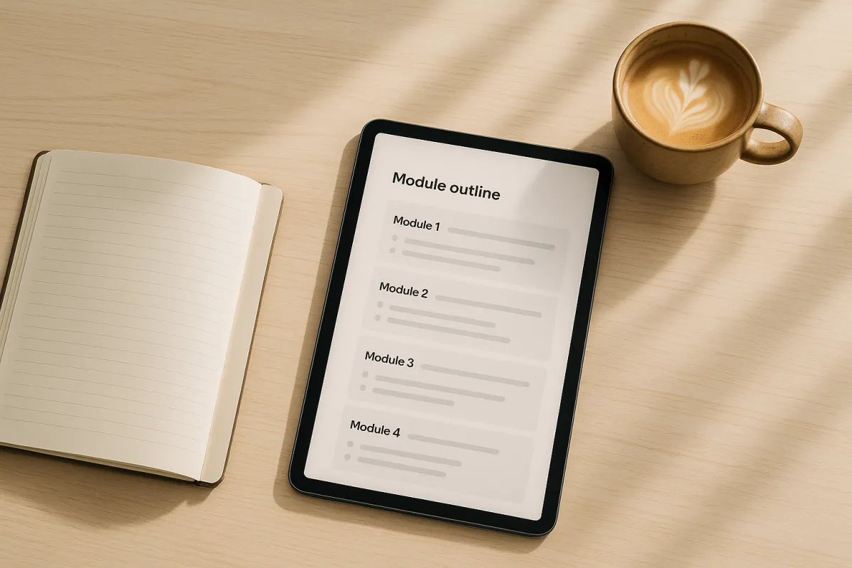 Overhead desk scene with notebook, tablet showing module outline, and ceramic cup