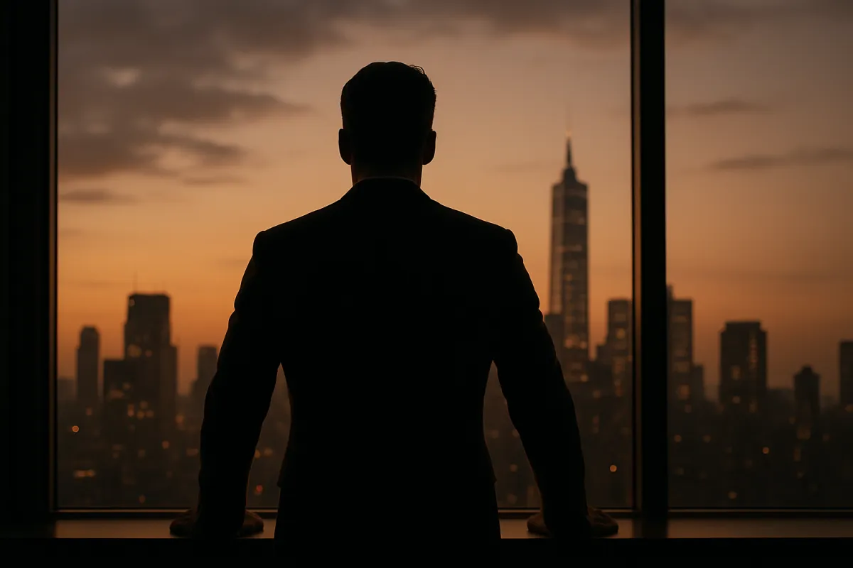 Focused silhouette of a leader looking over a city at dusk
