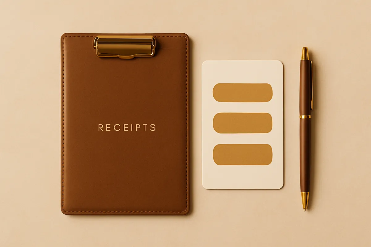 Stylish flat-lay receipts folder, pricing tiers card, and pen on neutral backdrop