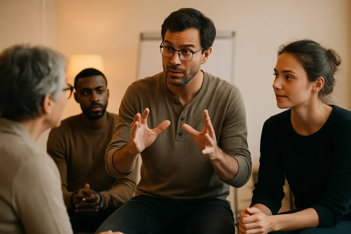 Instructor leading a small group workshop during a live coaching moment