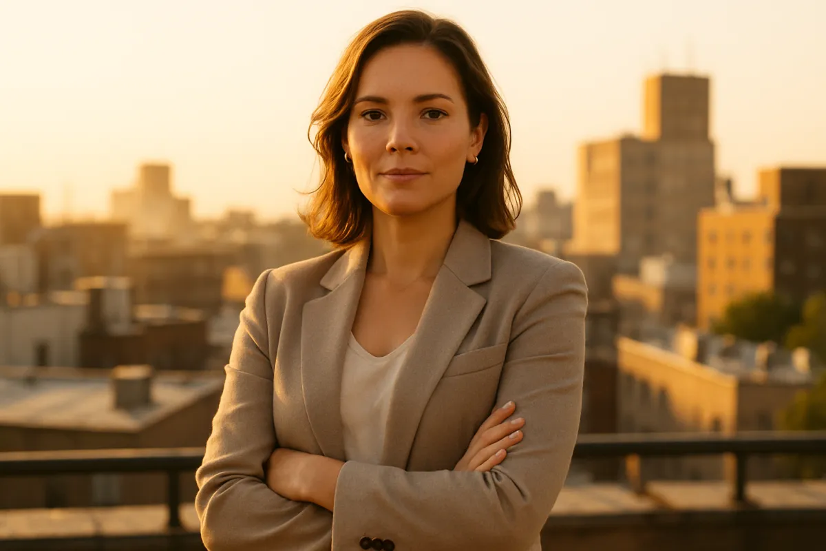 Confident woman leader standing on a sunlit rooftop at golden hour, calm authority.