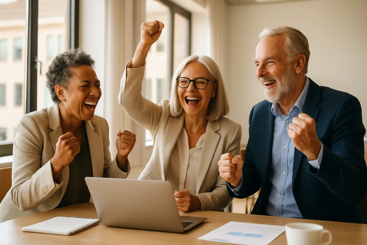 Three candid leaders celebrating a win in a bright meeting room, diverse and warm tones