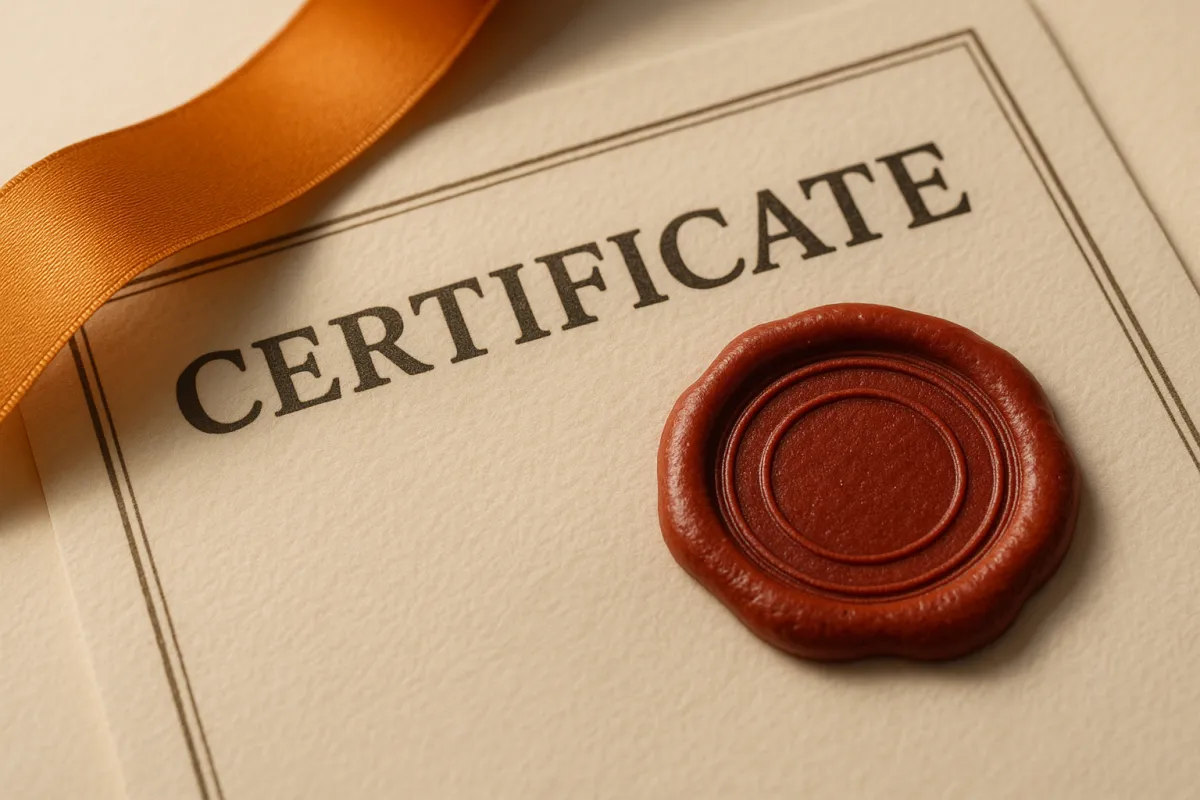 Close-up of a certificate with stamped seal on textured paper beside a warm-toned ribbon conveying trust and formal guarantee.