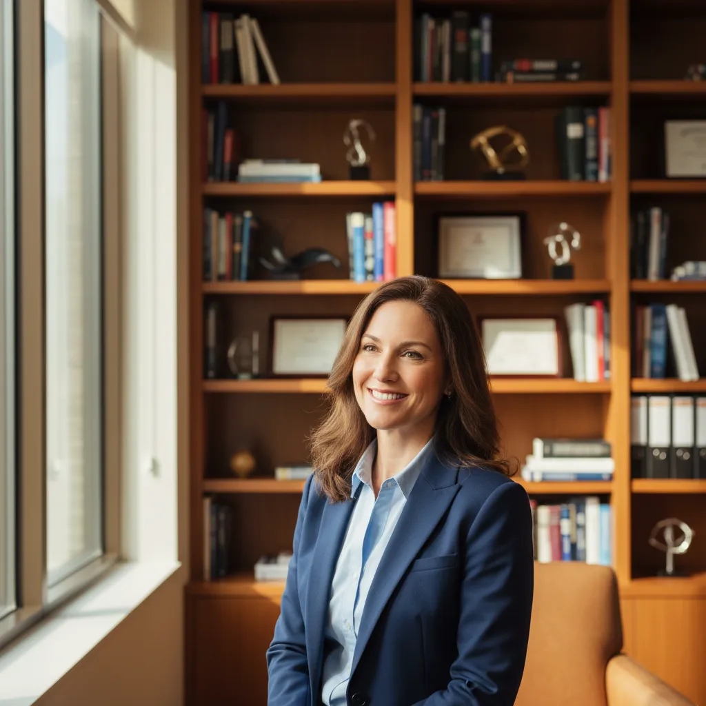 A candid portrait of a consulting team leader, mid-40s, smiling confidently in a sunlit office with bookshelves and awards behind, suggesting experience and trustworthiness. The setting is warm, inviting, and professional, reflecting a passion for empowering enterprises.