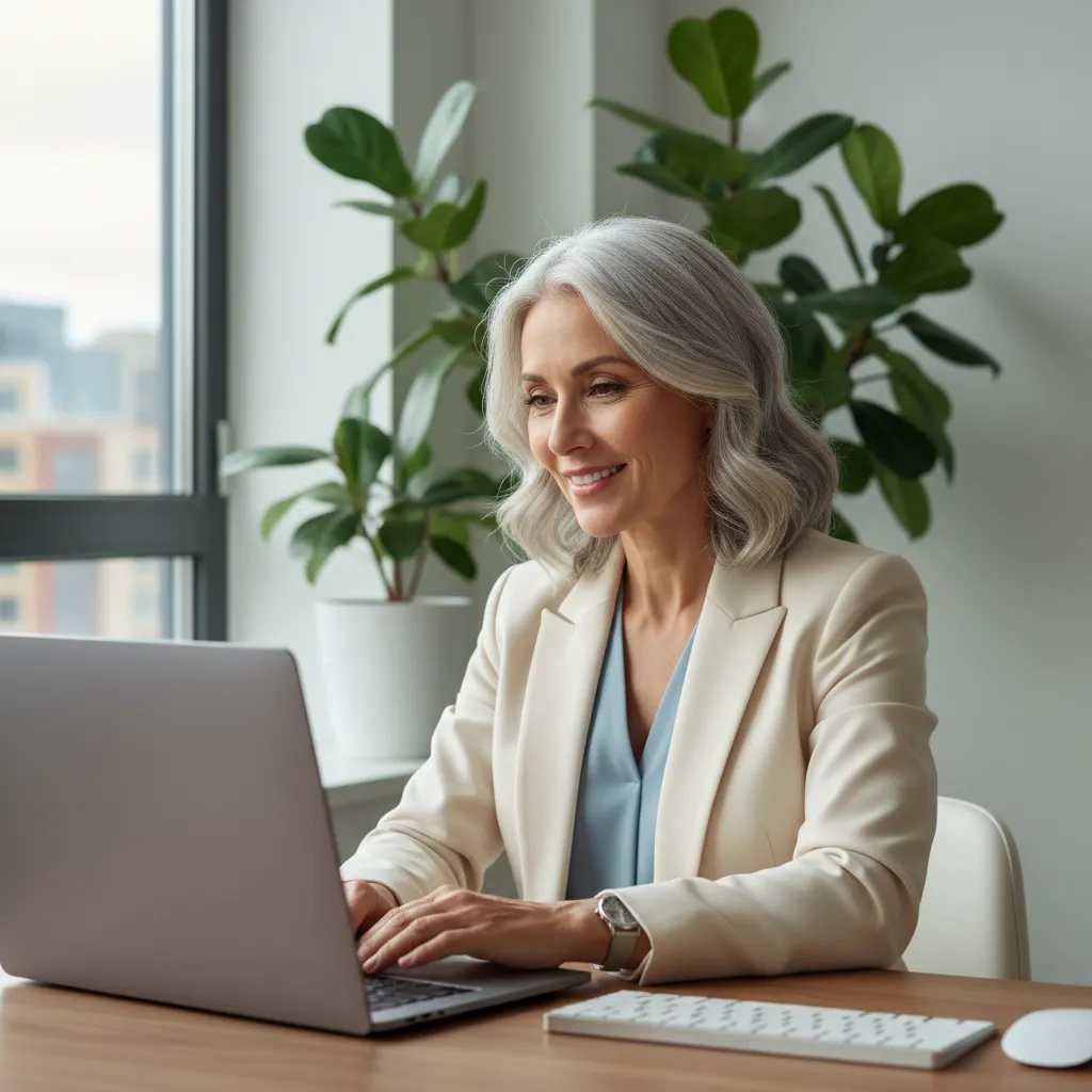 A close-up of a businesswoman in her early 50s, speaking on a video call in a bright, modern workspace with plants and a laptop, exuding approachability and expertise. The environment is open and welcoming, ideal for client communication.