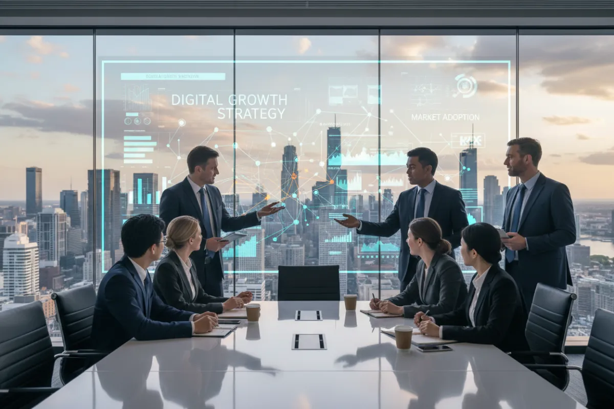 A diverse group of executives collaborating in a modern glass-walled boardroom, reviewing digital strategy charts on a large screen, with city skyline visible in the background. The scene conveys professionalism, teamwork, and forward-thinking enterprise leadership.