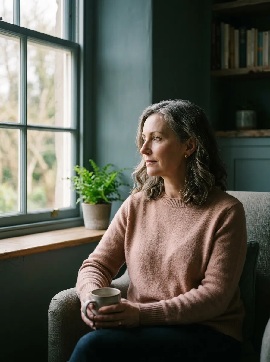 Introspective woman in her late 40s looking thoughtfully out a window in soft natural morning light