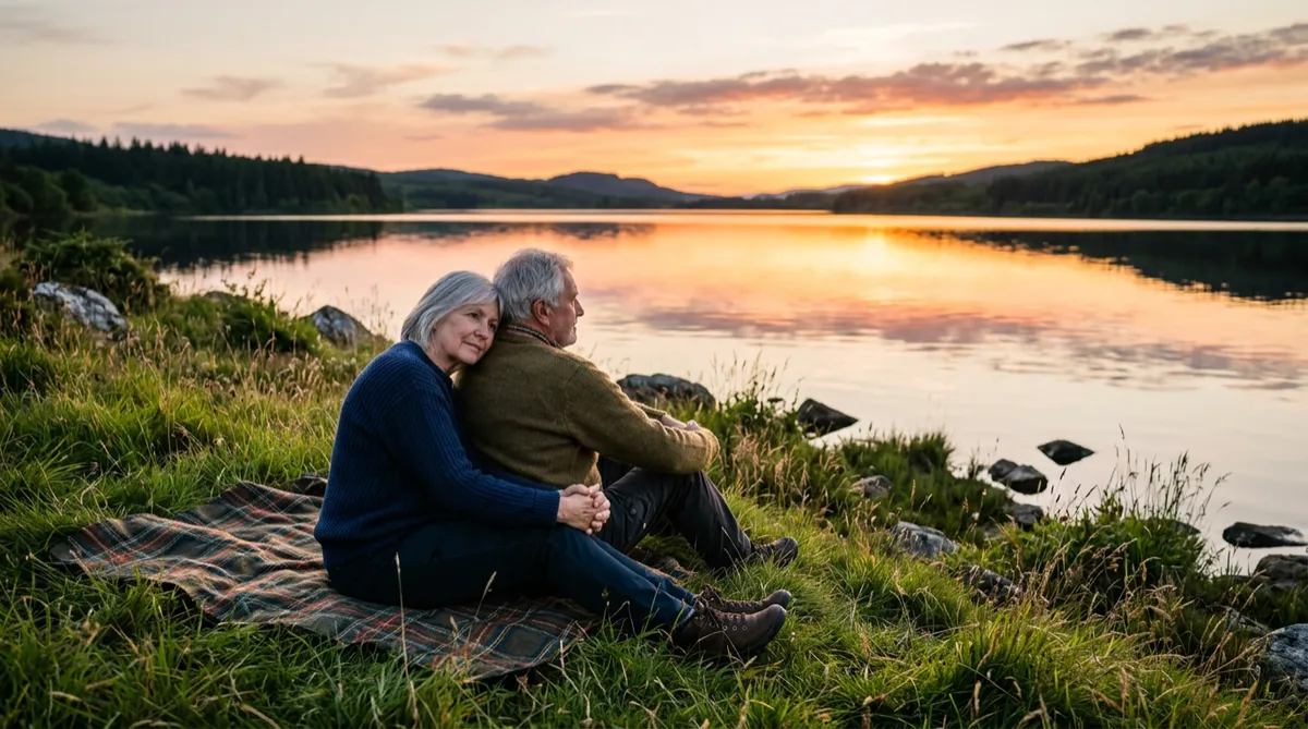 An older couple sitting closely together on a grassy shore, looking out over a calm lake at sunset