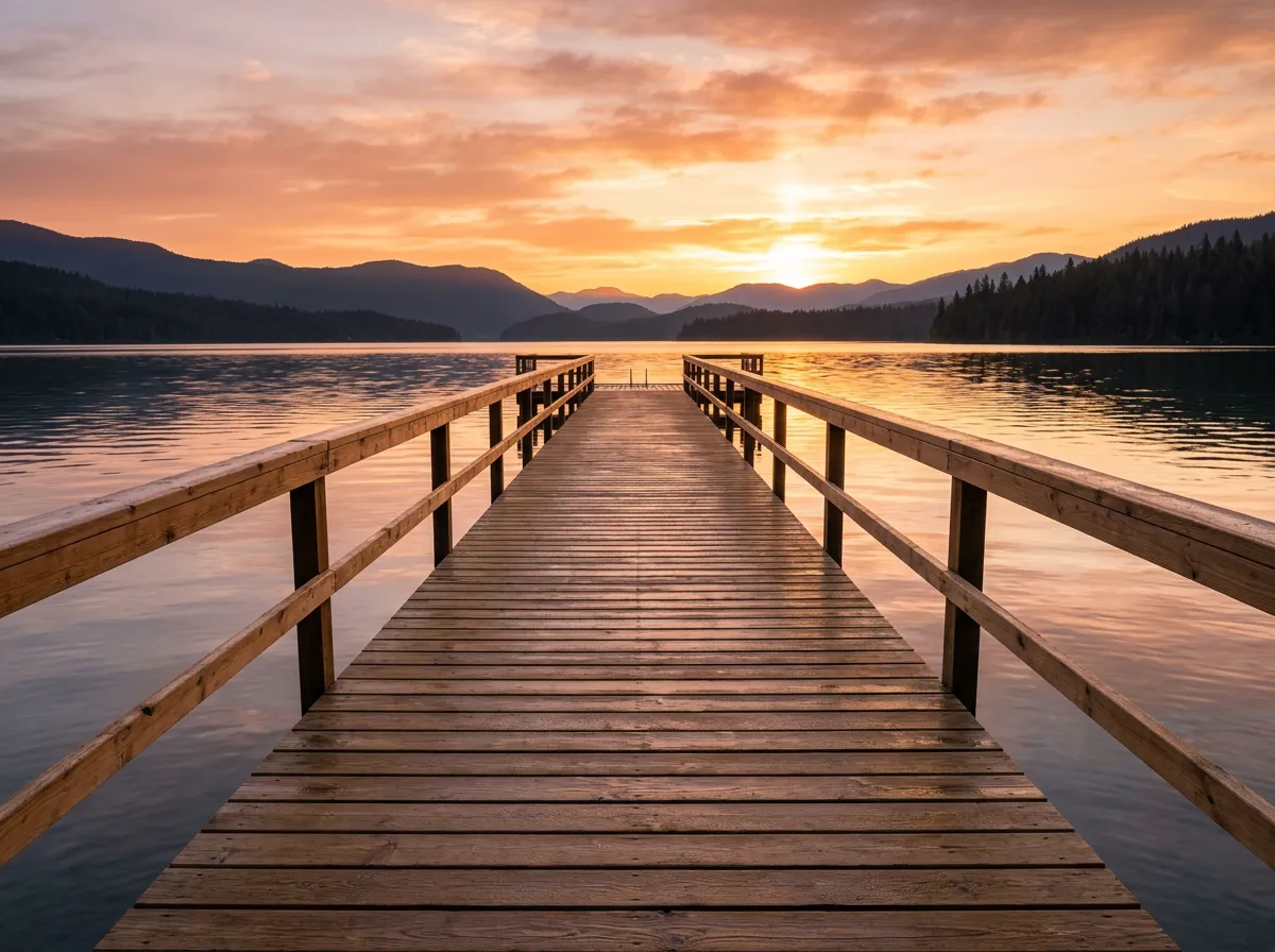 A wooden pier extending over calm lake waters towards a bright sunrise on the horizon