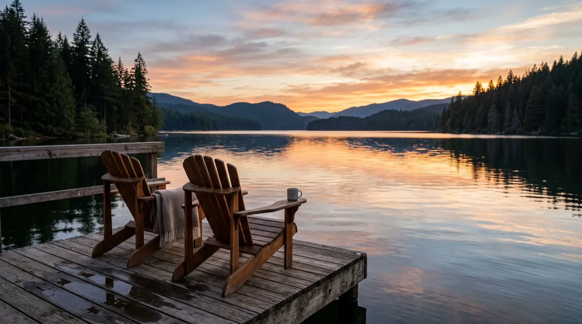 Two wooden Adirondack chairs facing a calm lake at sunset with pine trees