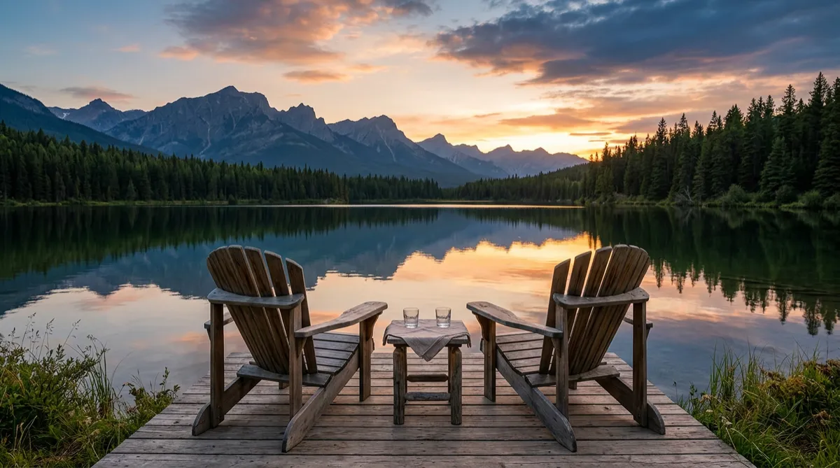 Two wooden Adirondack chairs facing a calm lake at sunset with mountains in the background