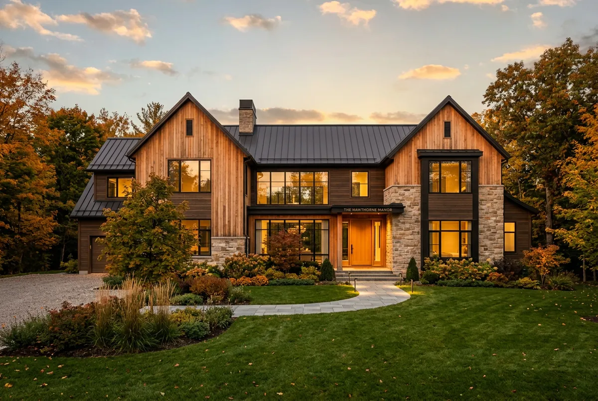 The Hawthorne Manor model exterior rendering featuring natural cedar and cut stone facade