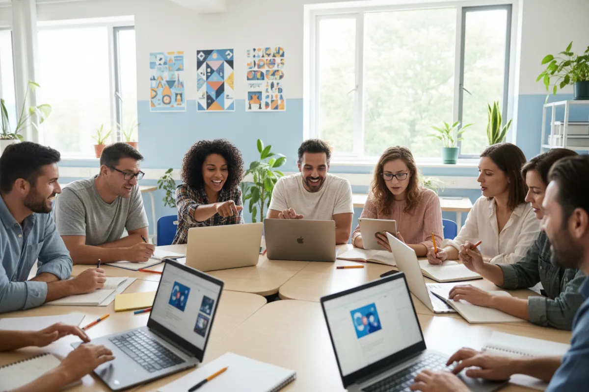 رسم جرانج لمجموعة أشخاص من أعمار وخلفيات متنوعة يجلسون حول طاولة مستديرة، يتبادلون الأفكار ويبتسمون، مع خلفية بيضاء مزخرفة بلمسات طلاء رمادية توحي بالتعاون والطموح المالي.