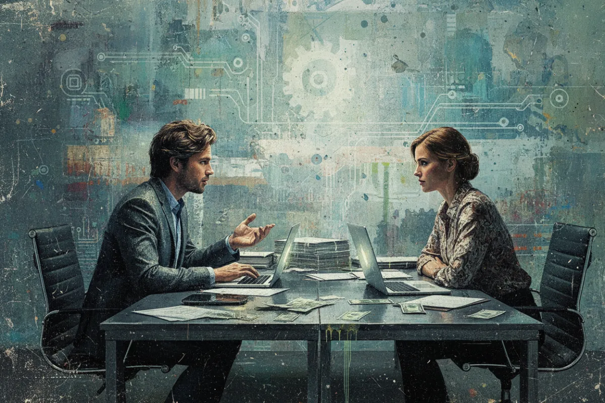 لوحة جرانج لرجل وامرأة يتبادلان الحديث في مكتب حديث، مع أوراق مالية وأجهزة كمبيوتر محمولة على الطاولة، وخلفية مزخرفة بلمسات طلاء توحي بالاحترافية والدعم الشخصي.