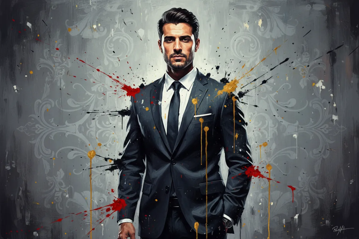 لوحة فنية بأسلوب جرانج تظهر شخصًا عربيًا يرتدي بدلة رسمية يقف بثقة أمام خلفية رمادية مزخرفة، مع لمسات طلاء متقطعة توحي بالقوة والقيادة المالية. الإضاءة تبرز ملامح الوجه والتصميم يوحي بالعزيمة والاحترافية.