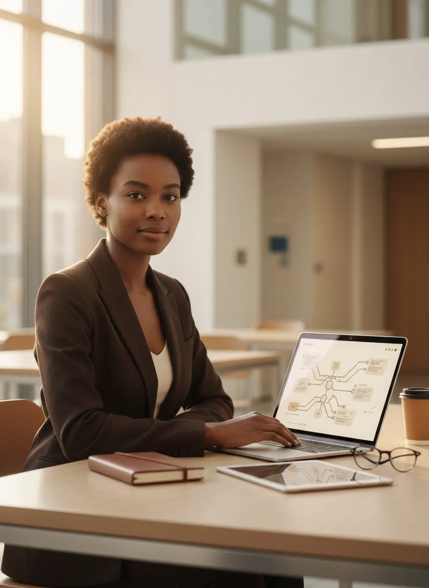 A diverse professional student confidently using automation technology