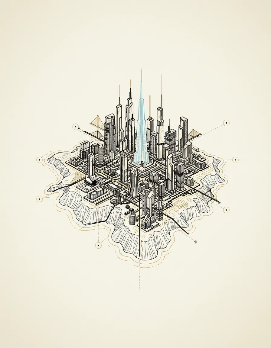 Blueprint of a digital island transforming into a city