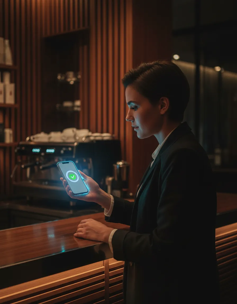 Customer paying in-person at a modern cafe with LynqPay