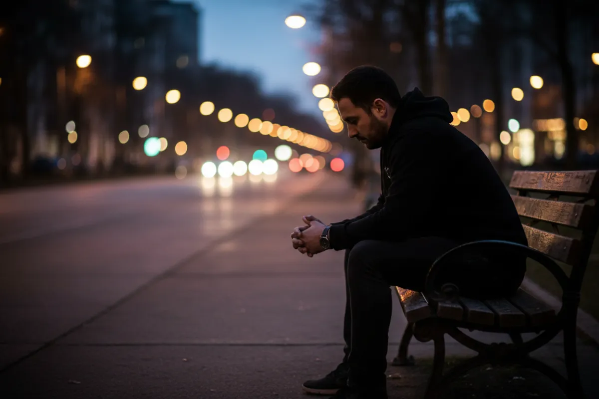 A solitary man sits on a park bench at dusk, city lights blurred in the background, conveying isolation and introspection.